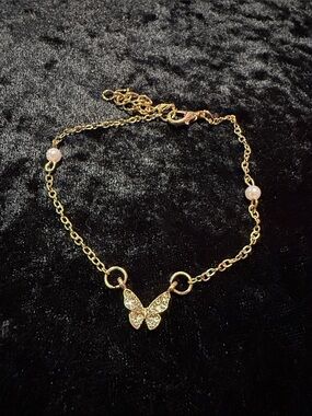 Gold Butterfly Chain Bracelet with white Accent Beads